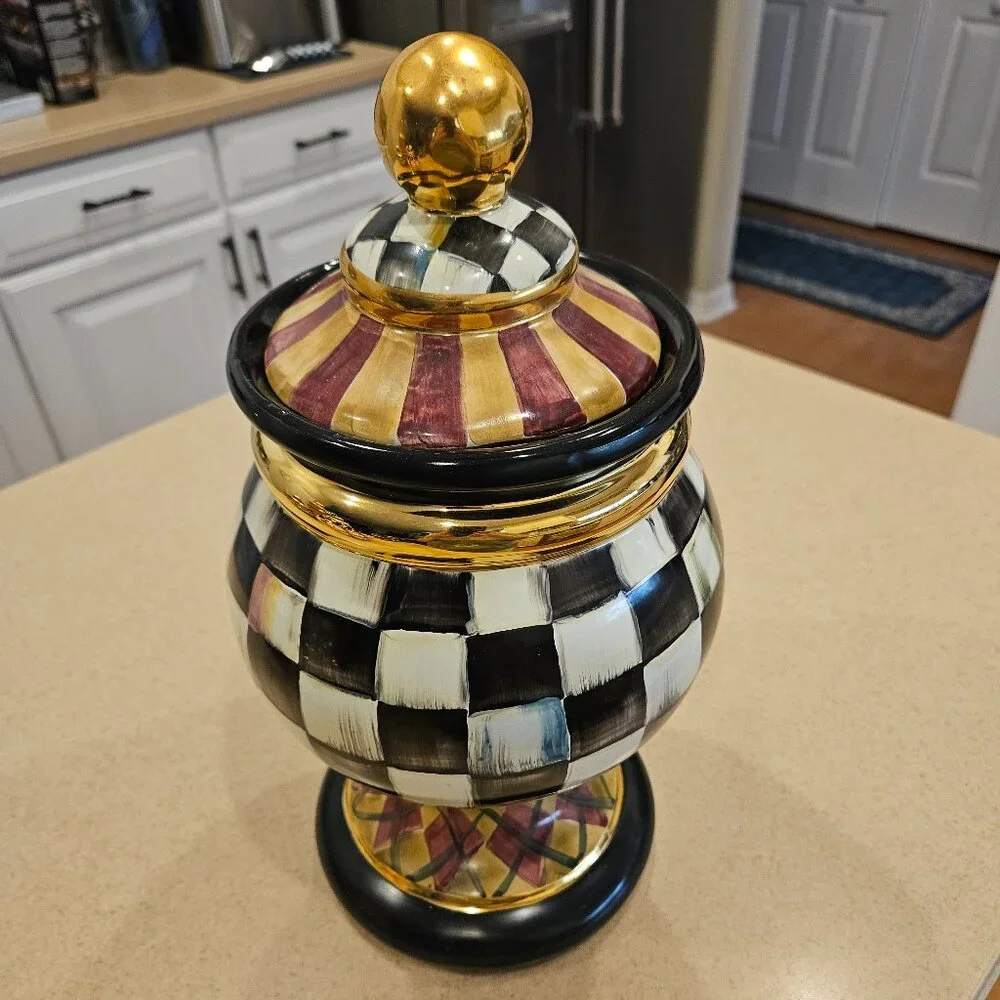 RARE MACKENZIE CHILDS ARGYLE PLAID AURORA CERAMIC GLOBE STORAGE CANISTER JAR